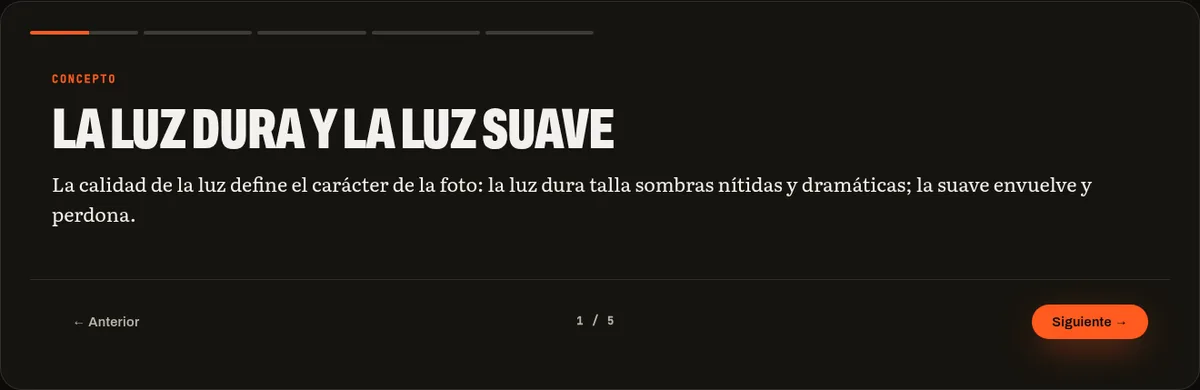 Pantalla real de la lección 1 de Fundamentos: La luz dura y la luz suave